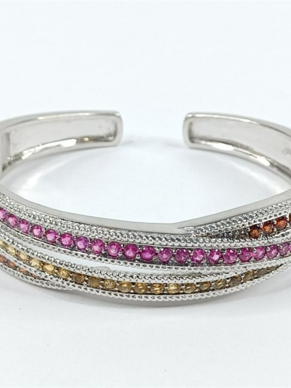 Sterling Silver Multicolor Gemstone Crossover Hinged Cuff Bracelet